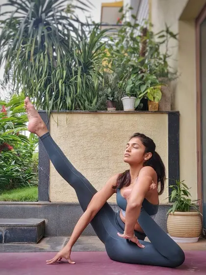 An inspired seated pose that combines a deep hip opening with a hamstring stretch. Sometimes we see shapes that mesmerize us, and we can use that inspiration to create our own reality.