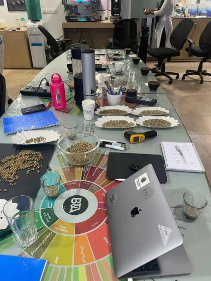 The full setup for a cupping session, complete with cupping bowls, spoons, notebooks, and our proprietary Hindi flavor wheel for reference.