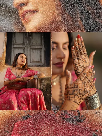 A collage of a bride's Mehandi portraits. The warm, golden tones and her expressive poses create a beautiful and artistic set of images.