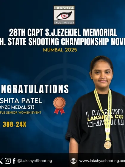 Akshita Patel from our Vasai branch with her bronze medal from the 10M Rifle Senior Women event at the Maharashtra State Shooting Championship Novices.