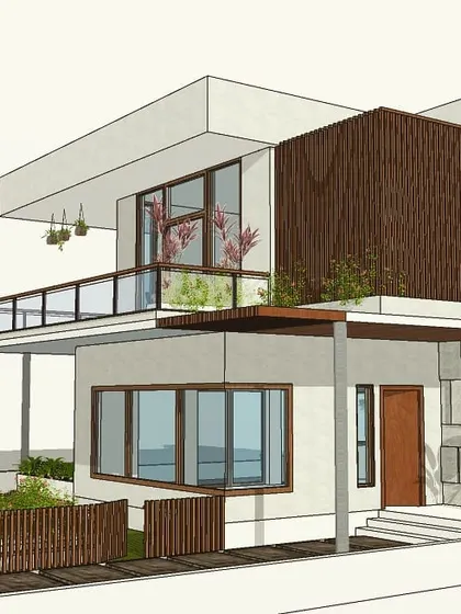 This 3D visualization shows a weekend villa designed for relaxation. The combination of wood paneling, stone accents, and a glass-railed balcony creates a modern yet rustic feel, perfect for a getaway from the city.