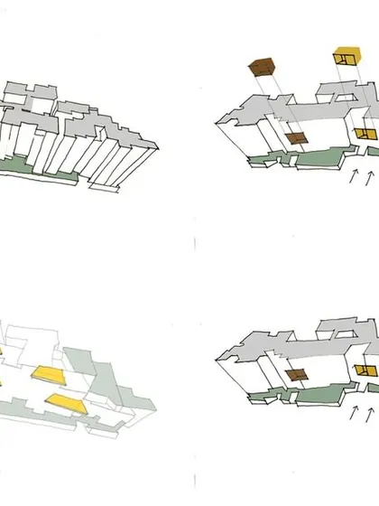Diagrams illustrating the massing and ventilation strategies for the building. The design incorporates natural airflow and shaded terraces to ensure thermal comfort.