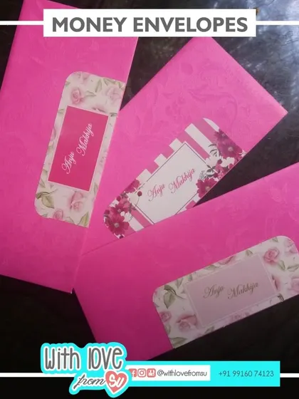 My personalized money envelopes in a vibrant pink floral design. These are perfect for gifting cash during festivals like Eid or Deepawali, making your 'bakshish' or 'kharchi' feel extra special.