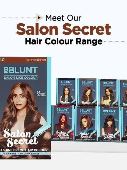 A marketing graphic for BBlunt's 'Salon Secret' hair color range. My packshot photography is featured here as part of a larger layout that introduces the entire product line to consumers.