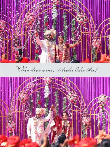 When love wins, it looks like this. The triumphant and joyous moment after the varmala ceremony, captured perfectly.