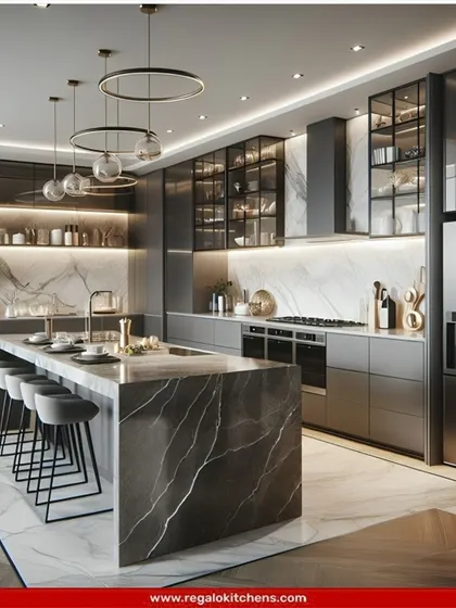 An entertainer's dream, this large-scale luxury kitchen features a massive marble island with seating for five. We included extensive glass-front cabinetry, multiple integrated ovens, and a full-height fridge to cater to grand-scale cooking and hosting.