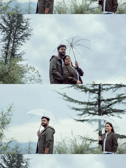 Overcast, rainy days provide beautiful, soft light that is perfect for portraits. This collage shows how we pose couples both together and individually in these conditions, using a simple umbrella as a prop to add to the story of a cozy day in the mountains.