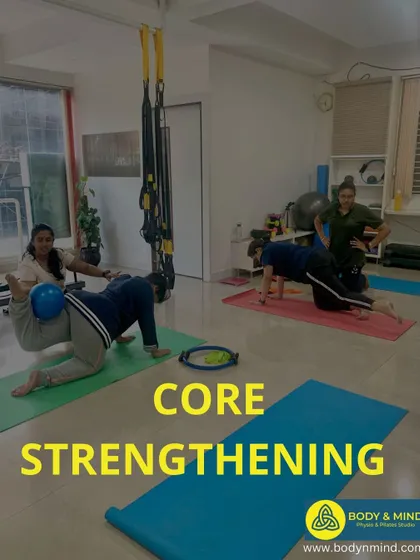 Core strengthening is a central focus of my group classes. Here, I am guiding clients through exercises that challenge their stability and build deep abdominal strength in a supportive environment.