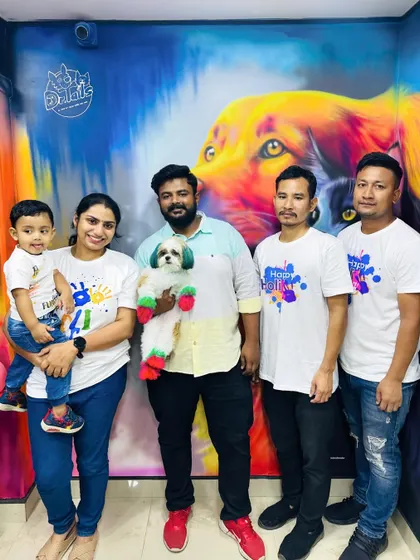 The whole Dr. Tails team celebrating Holi 2024. It’s a joy to share these moments with our clients and their beautifully styled pets, who are the real stars of the show.