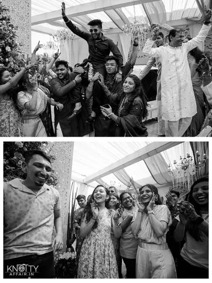 Candid black and white shots of guests laughing and celebrating, including the groom being lifted on shoulders. These images are full of life and energy.