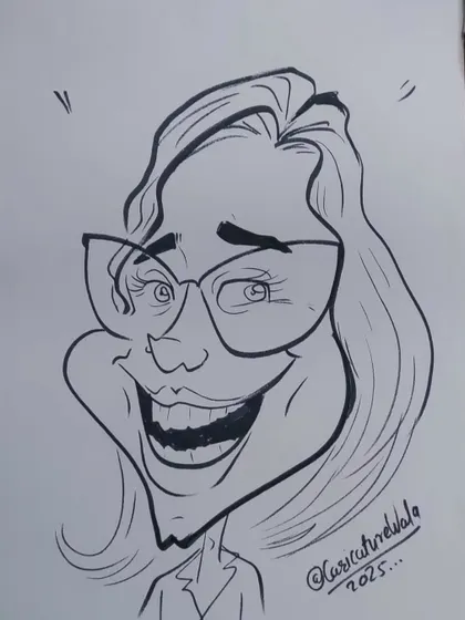 A caricature of a scriptwriter with a big, expressive laugh. I love capturing moments of pure joy.