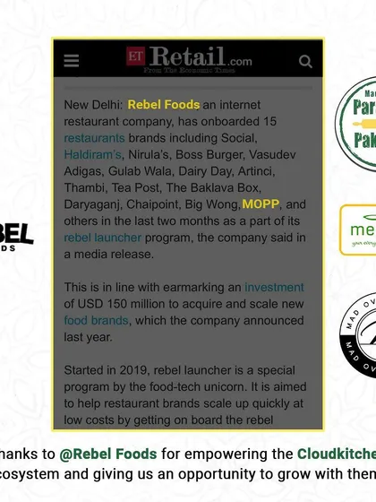 We are thrilled to announce our collaboration with Rebel Foods through their Launcher Program. This partnership helps us grow our cloud kitchen ecosystem and serve even more of you.