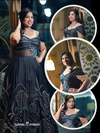 A collage of the bride in her stunning black evening gown, showcasing her glamorous look for the cocktail night.