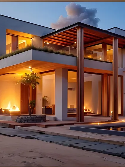 The warm interior lighting glows through expansive glass walls at dusk, highlighting the open-concept living spaces and the seamless connection between the two bridged villas.