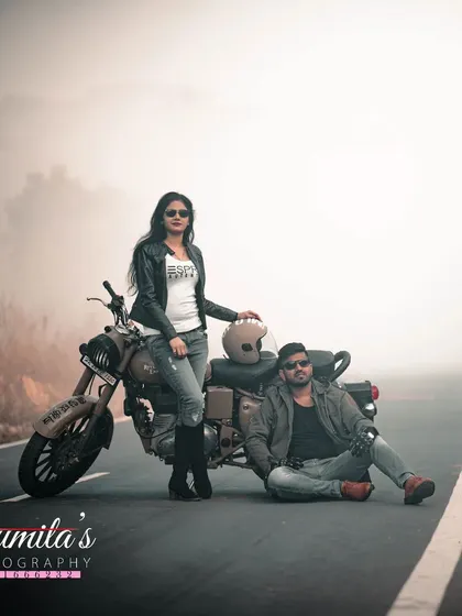 A cool and stylish post-wedding portrait with a motorcycle. This shot tells a story of a couple ready to take on the world together.