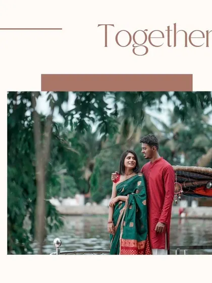 A quiet, romantic moment of the couple standing by the Kerala backwaters, their traditional attire perfectly complementing the lush, green scenery.