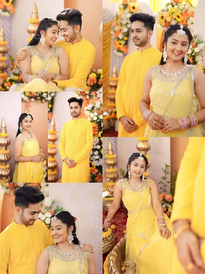 A collection of moments from the Haldi, showing different poses and interactions. This collage gives a great overview of the variety of shots I provide for a single event.