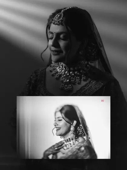 A black and white collage of the bride, capturing her serene expression and joyful laughter in a timeless style.