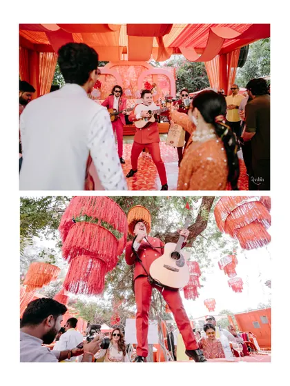 A collage showing the band's lively performance, interacting with guests and even climbing trees to create a truly memorable carnival atmosphere.