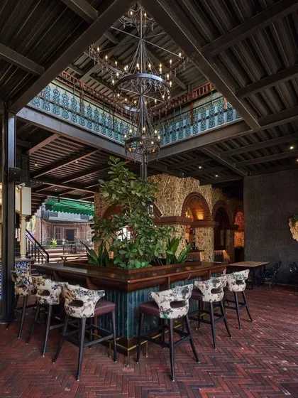The interior bar at Street 1522 shows how I bring landscape elements indoors. The central tree acts as a natural sculpture, enhancing the bar's atmosphere and connecting the indoor space with the outdoor courtyard design.
