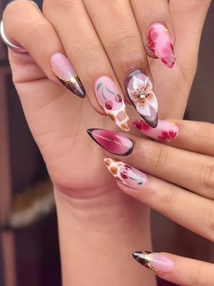 A playful and artistic set combining hand-painted cherries, florals, and a giraffe print. This shows my ability to mix and match different themes into one fun, cohesive look.