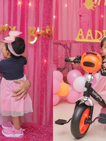 A collage showing two beautiful moments from a first birthday. On the left, a tender hug with mom, and on the right, the birthday girl enjoying her new tricycle. We capture both the quiet moments and the playful ones.