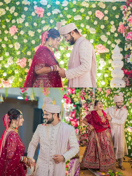 A collection of candid and posed shots of a Gujarati couple against a beautiful floral backdrop, capturing their laughter and love.
