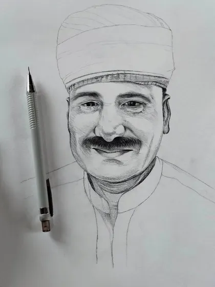 A quick pencil sketch of a Rajasthani man, focusing on capturing a warm expression and the details of his traditional turban. This shows the foundational skill of portraiture that goes into all my work, whether it's a simple sketch or a full-color painting.