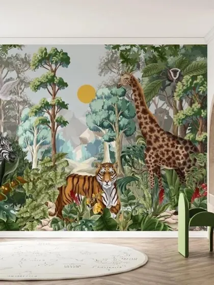 A vibrant jungle scene with a tiger, zebra, and giraffe, designed to spark curiosity and adventure in a child's playroom.