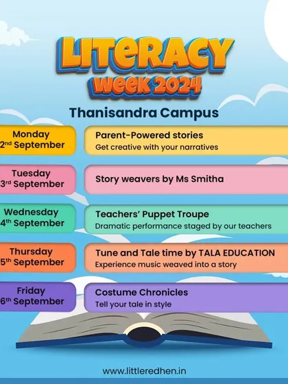 Our annual Literacy Week at the Thanisandra campus is a five-day celebration of stories. The schedule is packed with parent-led stories, puppet shows, music, and a book fair.