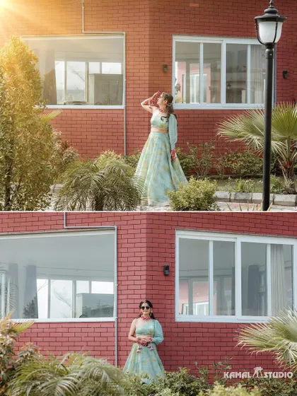 A diptych of the bride posing in her beautiful light green Haldi lehenga against a modern brick building.