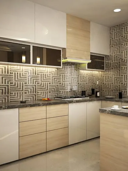 A modern modular kitchen design for a penthouse. It features a striking geometric-patterned backsplash, a combination of glossy white and wood-finish cabinets, and a functional breakfast counter.