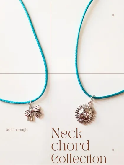 A simple and chic pairing of the bow and sun charms on teal cords. These necklaces are perfect for a minimalist yet playful look.