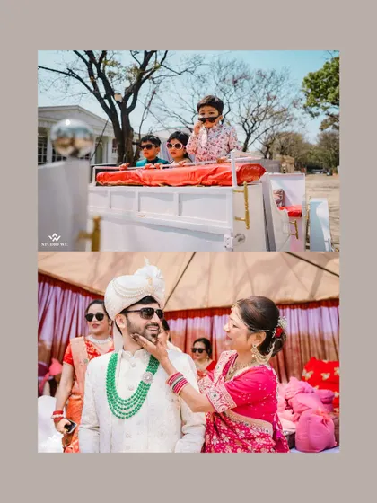 A collage capturing the fun and flair of a North Indian wedding, from the kids' cool entry to the mother's loving gesture towards the groom.