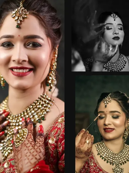 A collage showing the bride's getting-ready process, from makeup application to the final stunning portrait.