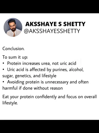 To sum up: protein increases urea, not uric acid. Uric acid is affected by purines, alcohol, and genetics. Avoiding protein is unnecessary and can be harmful. Eat your protein confidently.