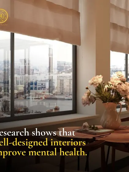 Research shows that well-designed interiors improve mental health. This bright, airy dining space with a view is designed to be a calming and uplifting environment.