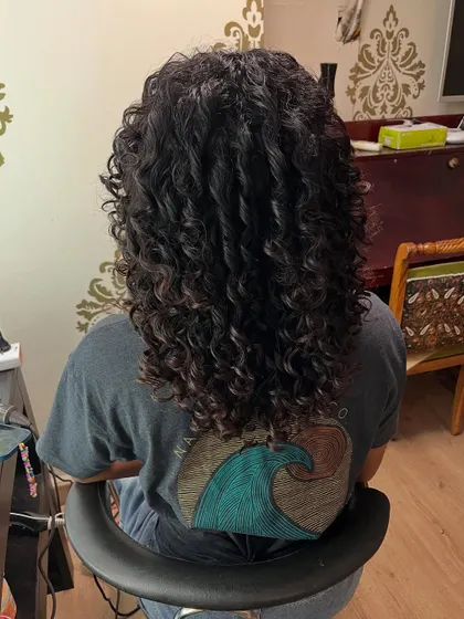 The back view of Brittney's long, healthy curls after the cut.