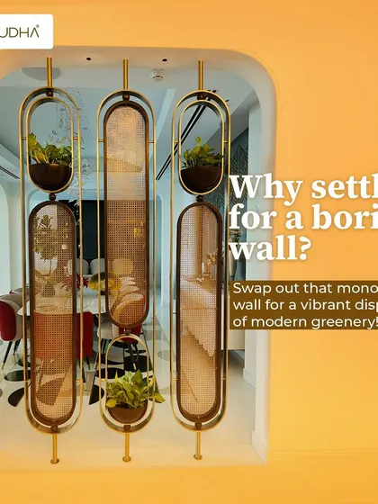 Why settle for a boring wall? I designed this elegant, modern partition using gold-finished frames, cane webbing, and integrated plant holders to divide a space while adding a vibrant display of greenery.