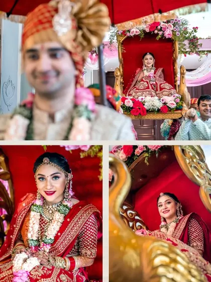 The bride's grand entrance on a beautifully decorated doli, a truly royal and memorable moment.