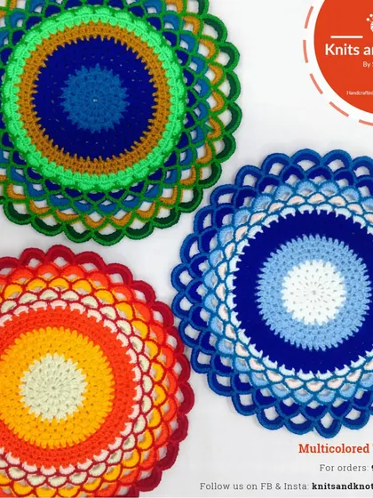 A collection of my multicolored thalposh designs, including the peacock, sunset, and evil eye patterns. You can pick your color, style, and pattern.