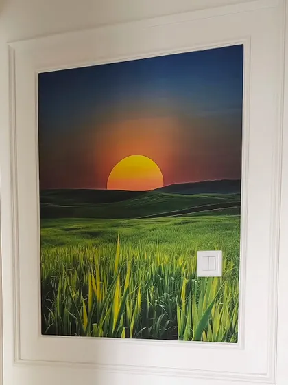 A landscape mural installed within a decorative wall frame. I had to cut the wallpaper precisely to fit the frame and the light switch.