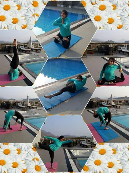 A collage of asanas practiced by the poolside. Yoga can be done anywhere, and we love finding new and beautiful places to move, breathe, and find balance.