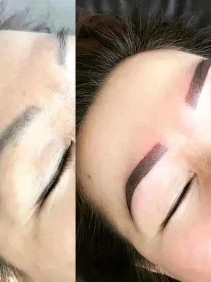 This client wanted a more defined, powdered brow look. This technique provides a fuller appearance, similar to using a brow powder, and is a great option for long-lasting, perfect brows.