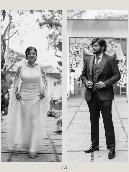 A diptych of the bride and groom in black and white, showcasing their elegant engagement outfits and individual styles.