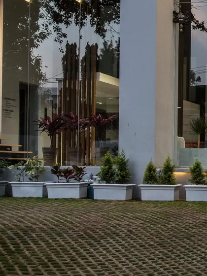 The entrance of the showroom, where landscaping with grass pavers and potted plants softens the transition from the street to the building.