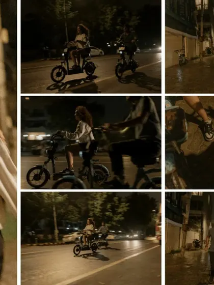 A collage capturing the motion and energy of a couple riding bikes through the city streets at night.