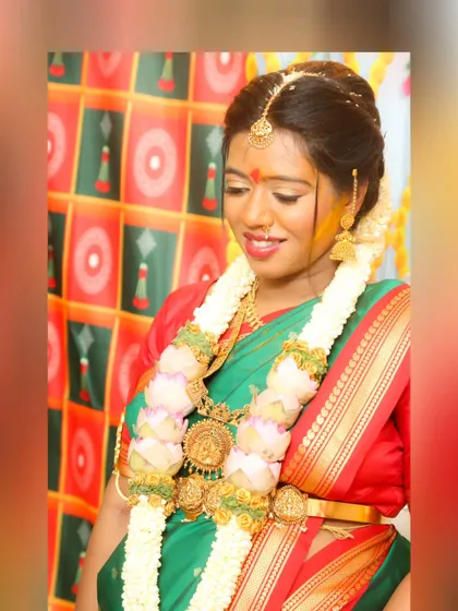 Prakruthi, glowing for her baby shower. I used a classic South Indian makeup style with gold eyeshadow and a red lip.