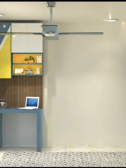 The study area in the blue and yellow room, with matching custom furniture.