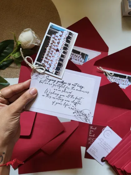 "Saying goodbye is not easy, but we're grateful for the memories." A close-up of one of the farewell cards, showing the heartfelt message.